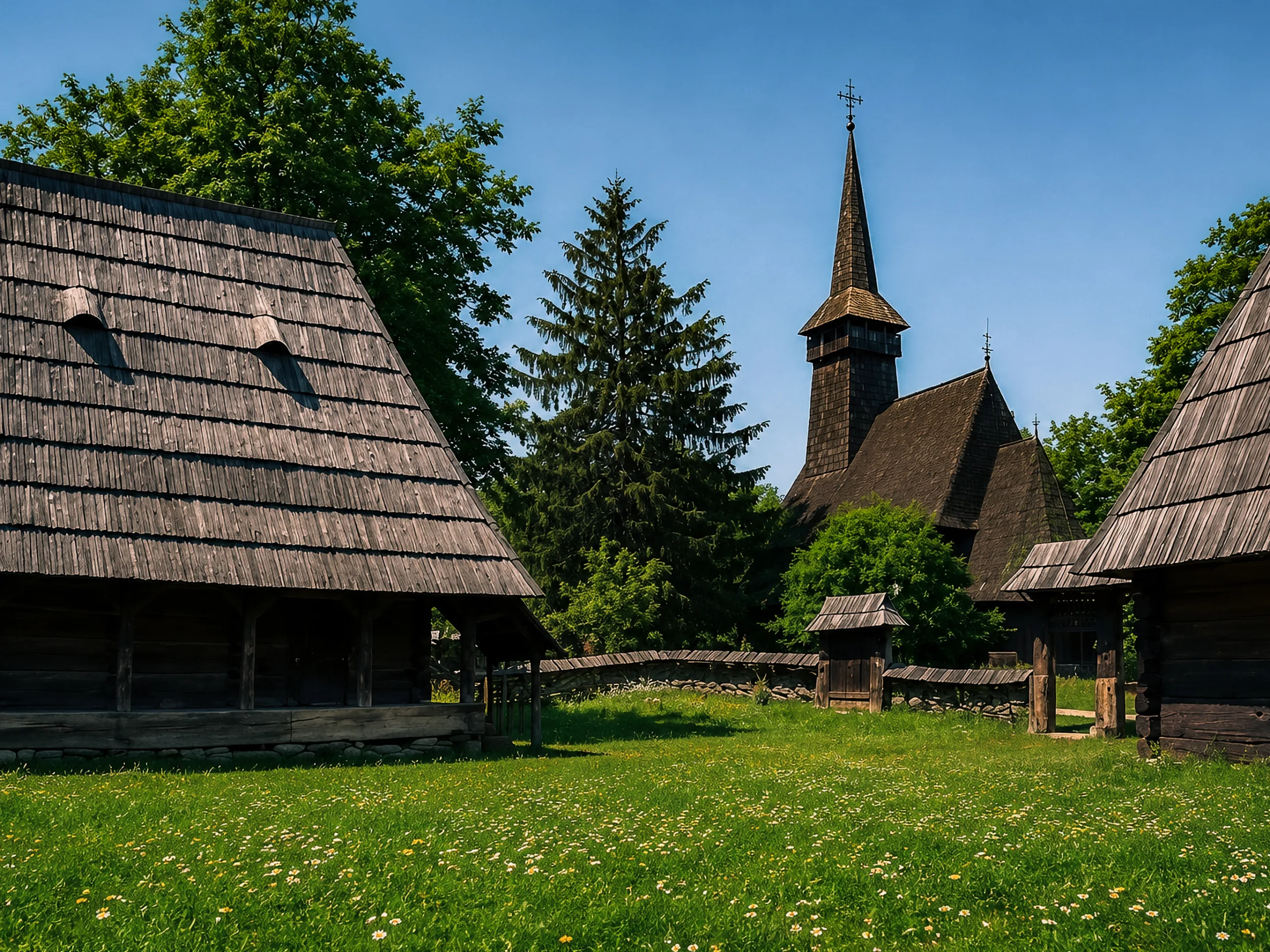Drewniana zagroda skansenowa z trawiastym dziedzińcem, małymi polnymi kwiatkami i drewnianym kościółkiem w tle, w słoneczny dzień pod czystym, błękitnym niebem.