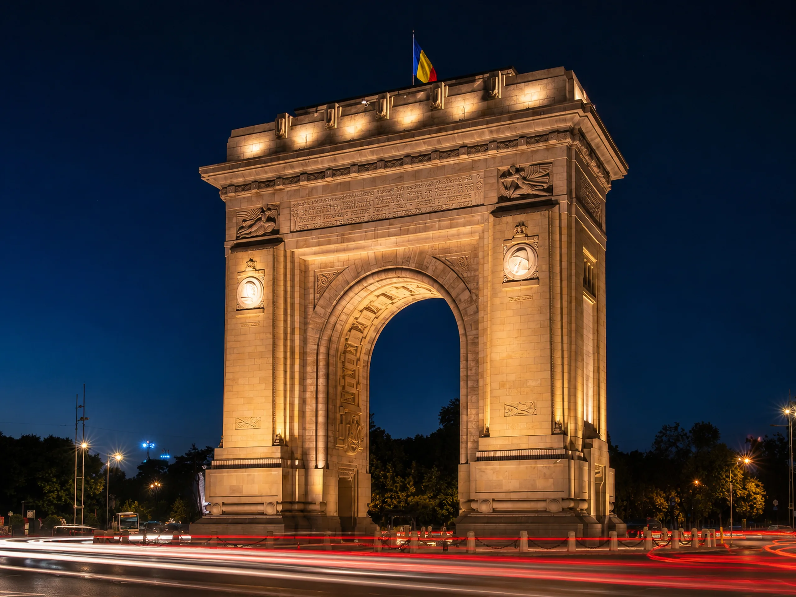 Łuk Triumfalny w Bukareszcie nocą, oświetlony ciepłym światłem, ze smugami świateł przejeżdżających samochodów.