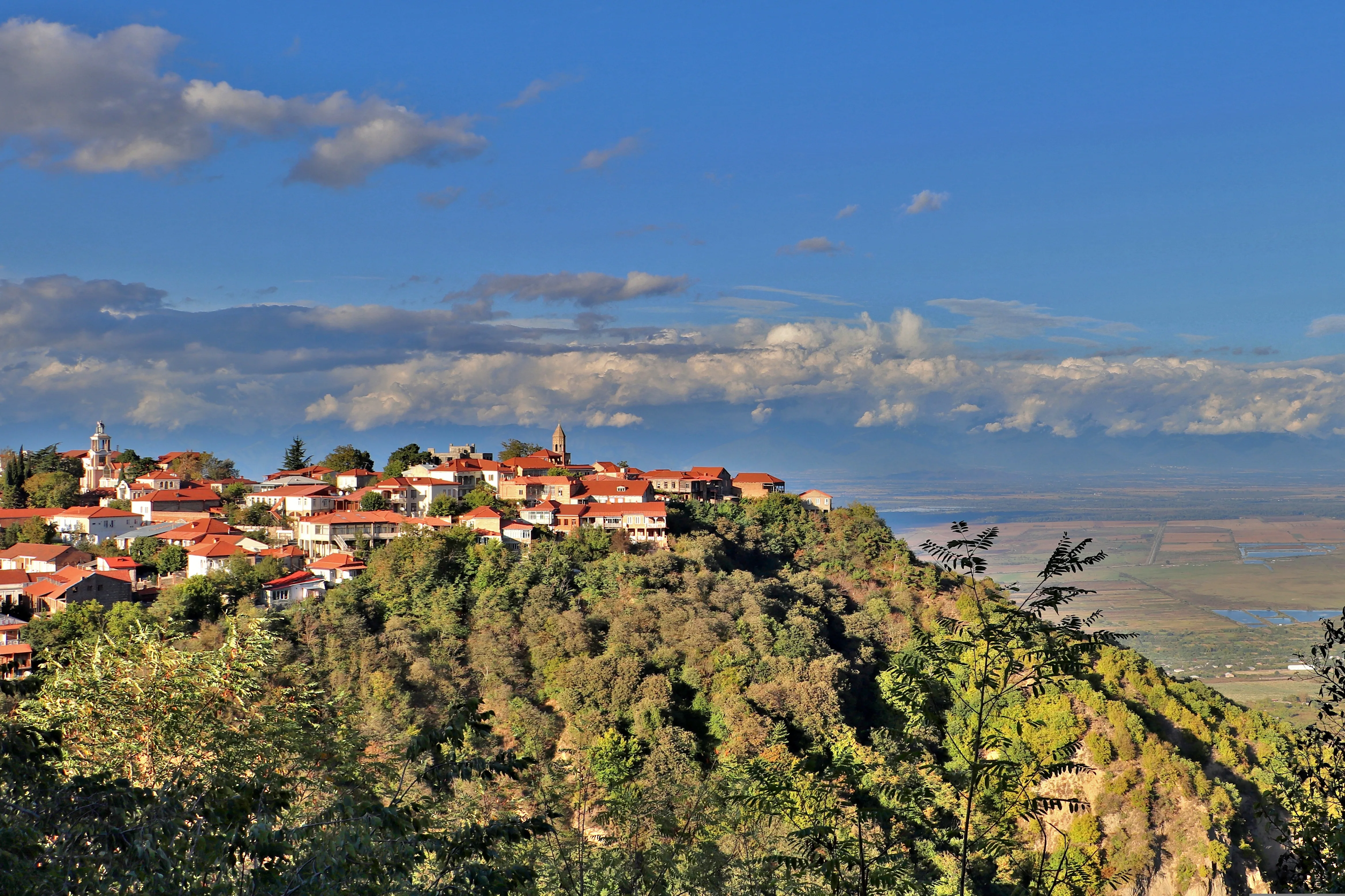 Panorama Sighnaghi w Kachetii w Gruzji, z czerwonymi dachami miasta i rozległą Doliną Alazańską w tle.
