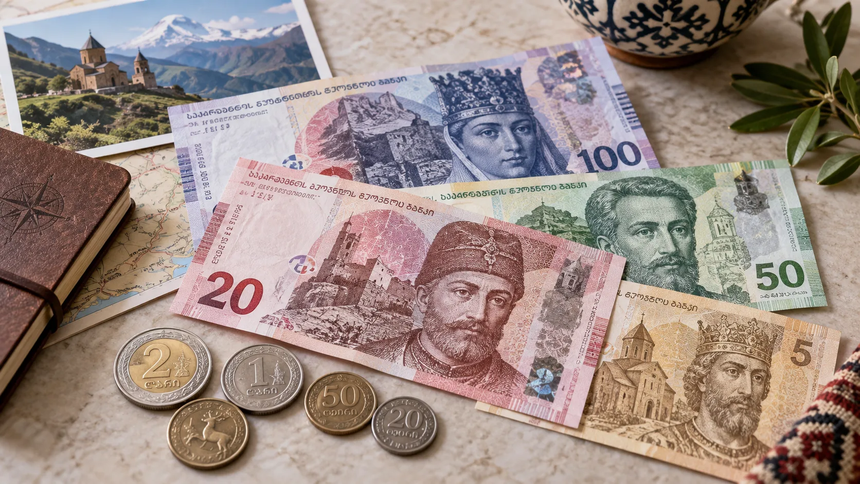 Gruzińskie lari – banknoty i monety ułożone na stole obok mapy i zdjęcia górskiego krajobrazu Gruzji.